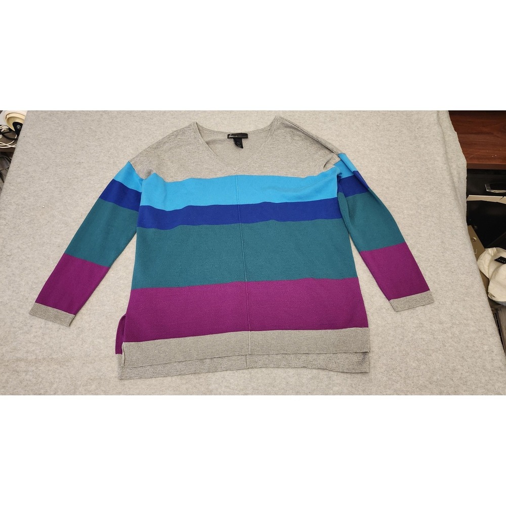 Lane Bryant Sweater Womens 14/16 Plus Gray Colorblock Stripe V Neck‎ Pullover